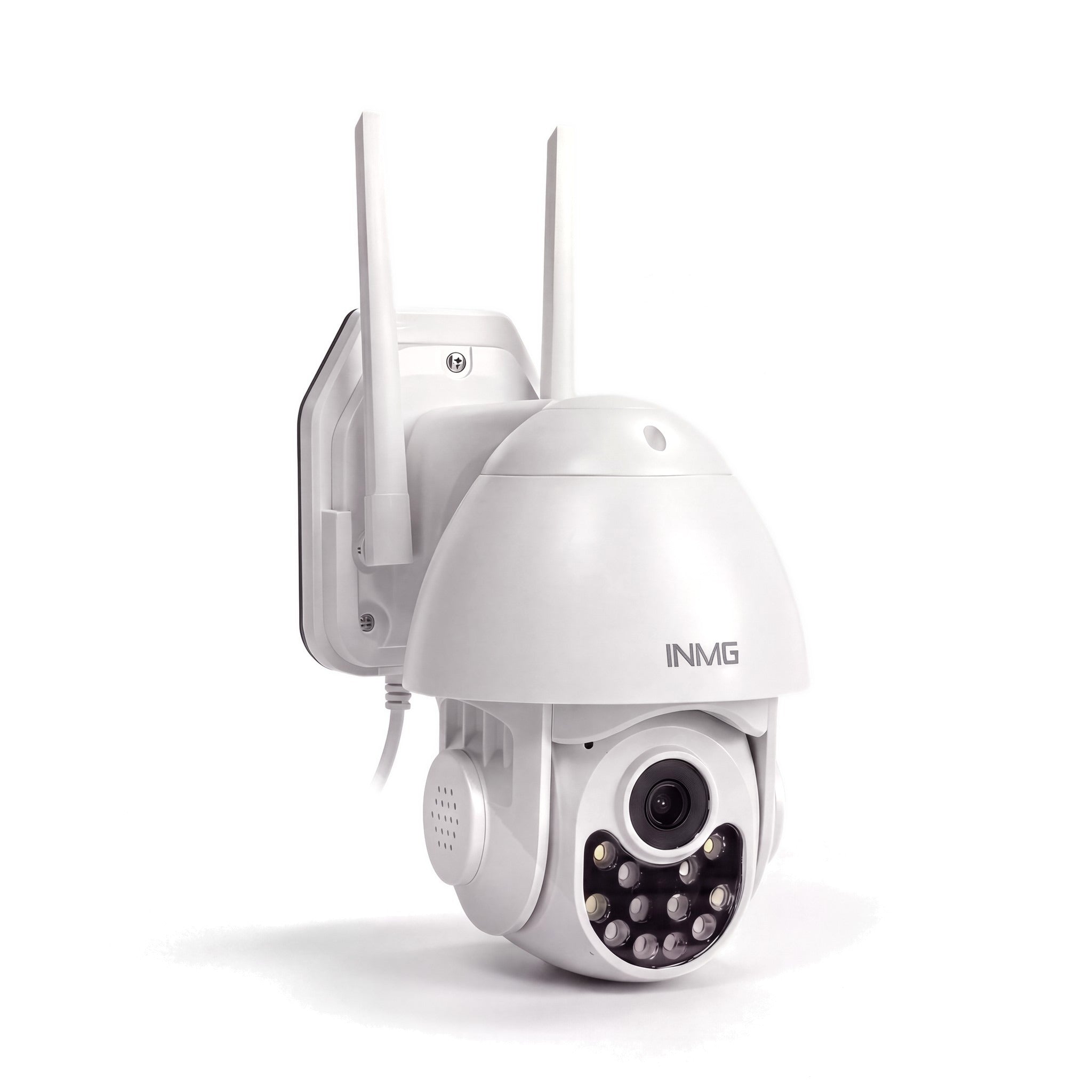 InoCam Dome caméra extérieure rotative filaire vue de 3/4 avec support mural, fond blanc