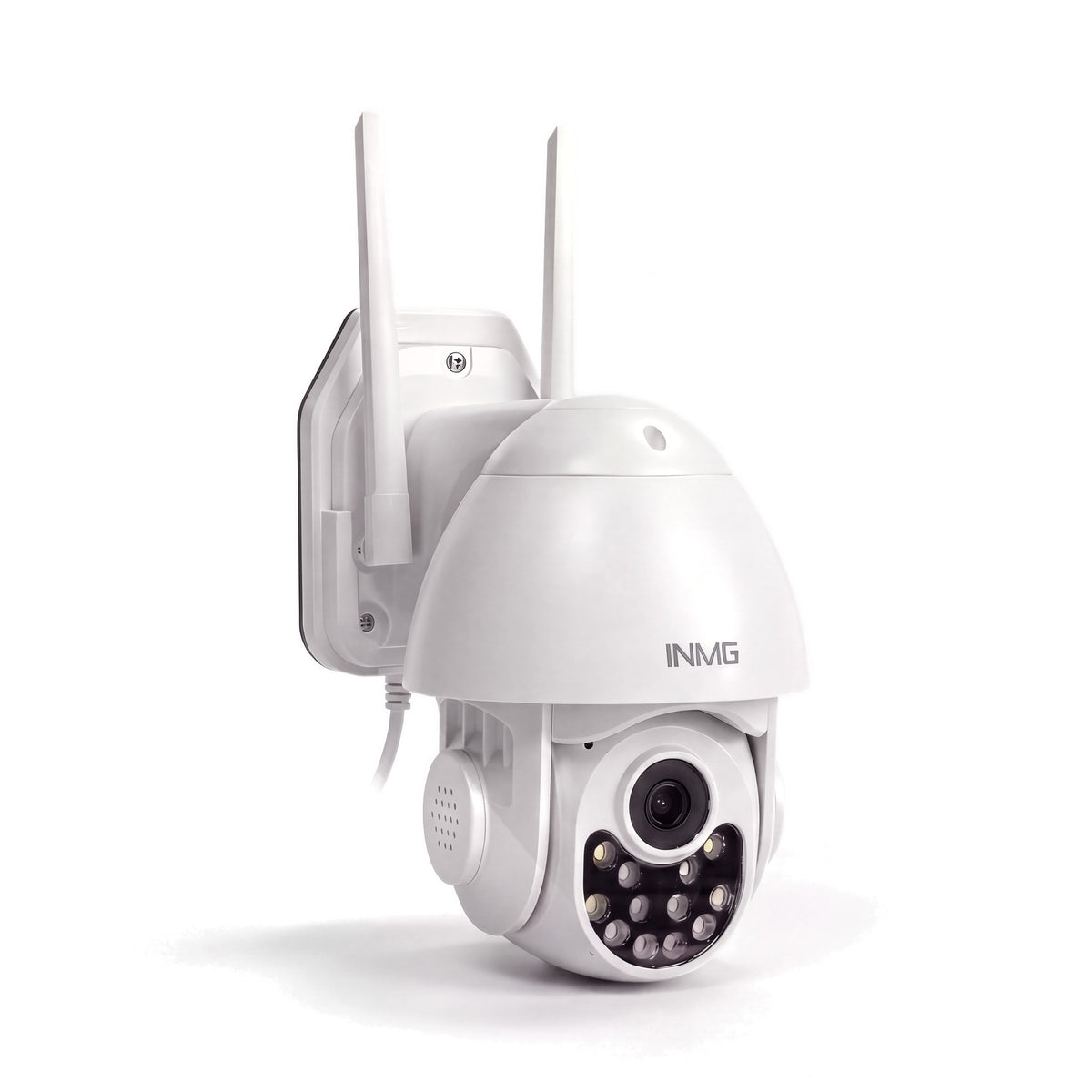 InoCam Dome caméra extérieure rotative filaire vue de 3/4 avec support mural, fond blanc