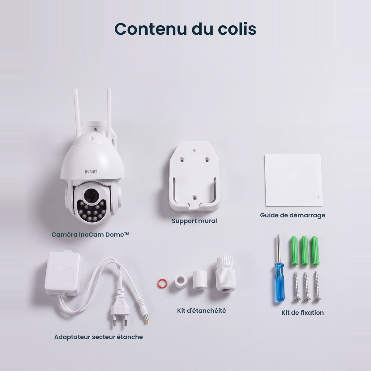 Contenu du colis InoCam Dome : caméra, support mural, guide, adaptateur secteur étanche, kit d'étanchéité, kit de fixation