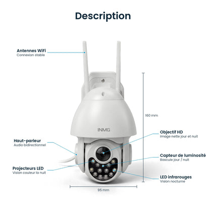Description InoCam Dome : antennes WiFi, haut-parleur, projecteurs LED, objectif HD, capteur de luminosité, LED infrarouges, dimensions 160 x 95 mm