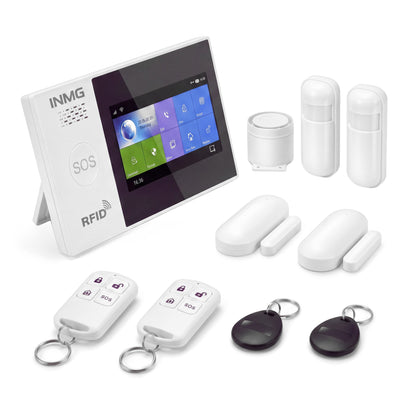 InoProtect kit alarme connectée 10 éléments : centrale tactile, sirène, 2 détecteurs de mouvement, 2 détecteurs d'ouverture, 2 télécommandes, 2 badges