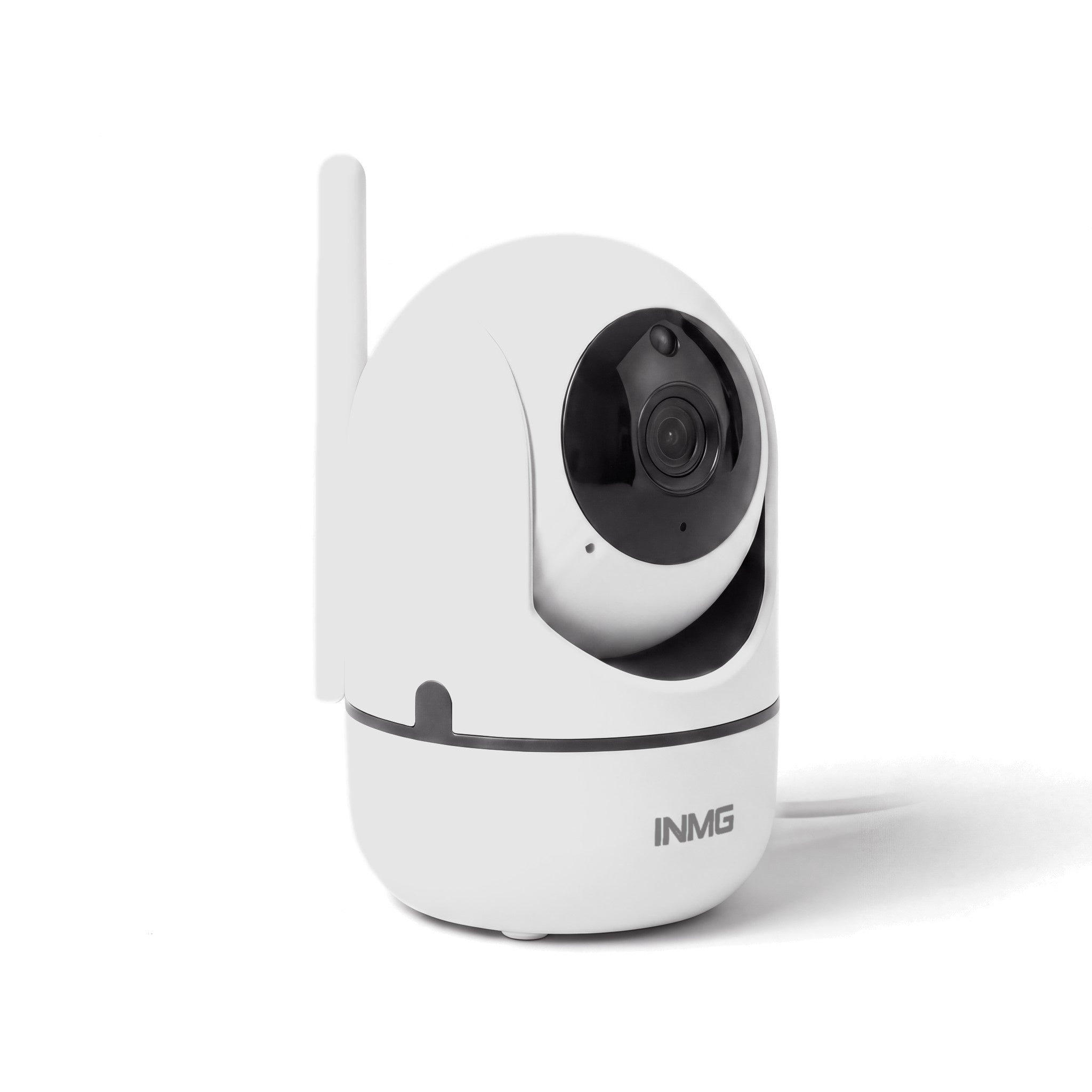 InoCam Mini blanche caméra intérieure rotative vue de 3/4, fond blanc