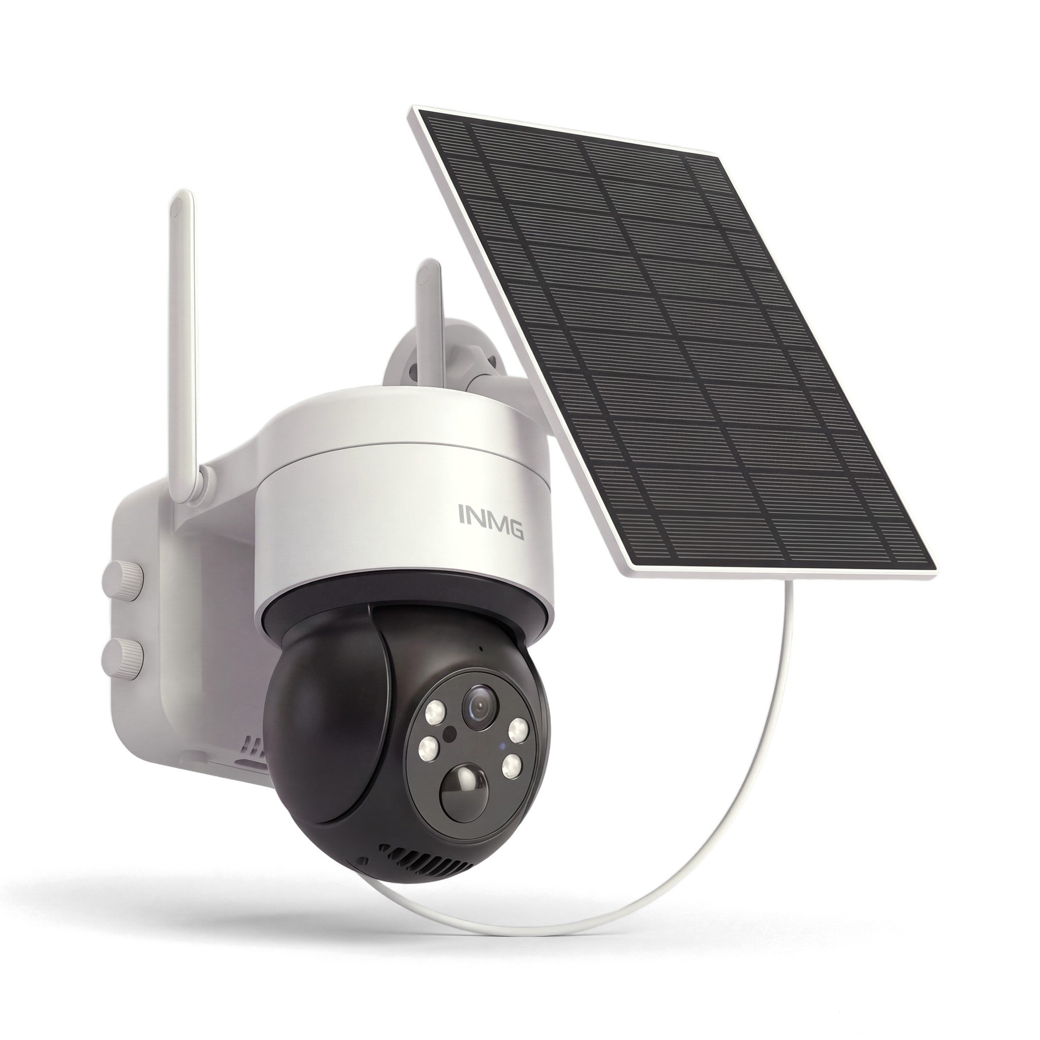 InoCam Pro 4G caméra solaire 4G vue de 3/4 avec panneau solaire, fond blanc