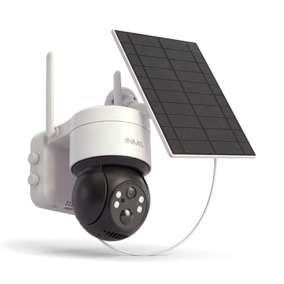 InoCam Pro 4G caméra solaire 4G vue de 3/4 avec panneau solaire, fond blanc