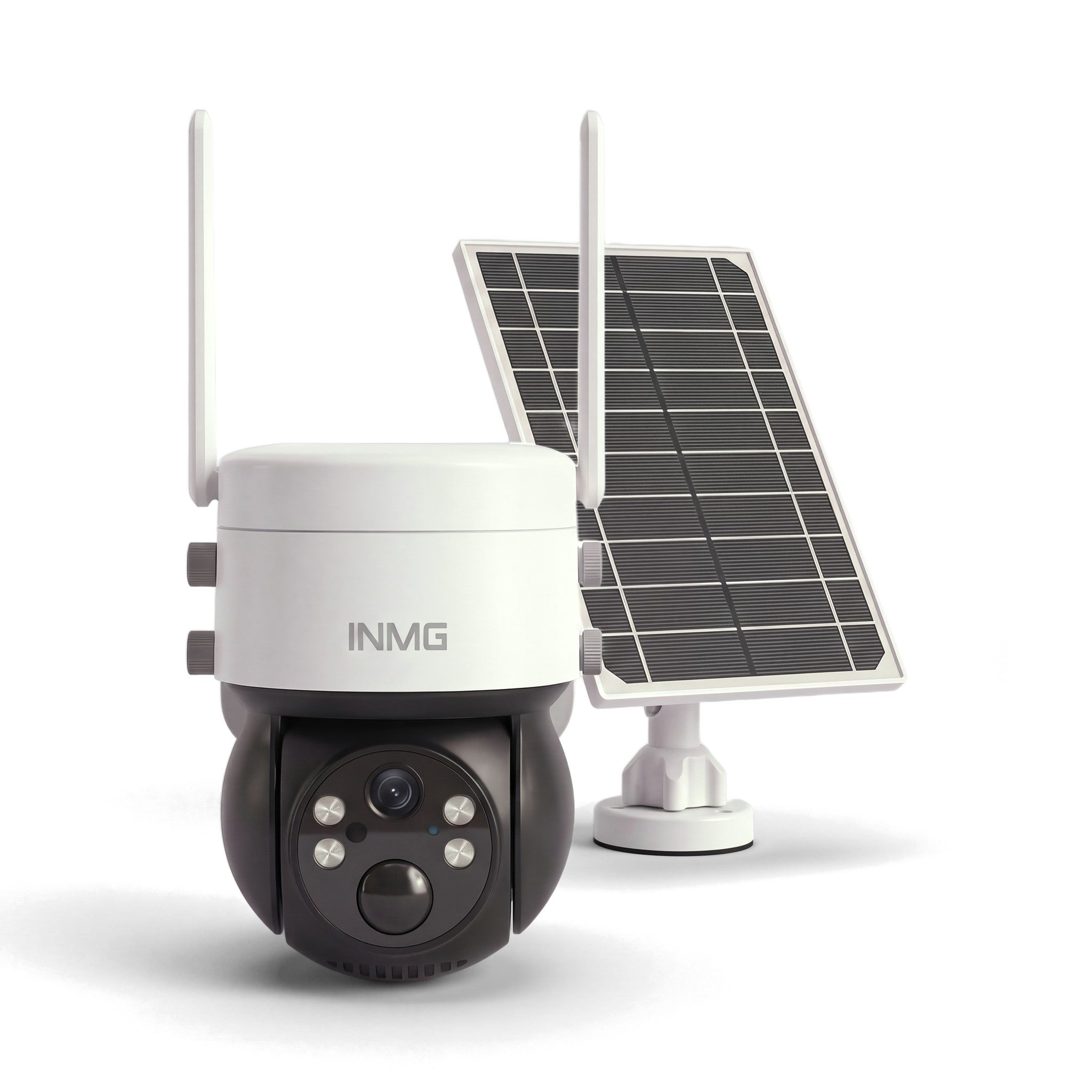 InoCam Pro 4G caméra solaire 4G sans fil vue de face avec son panneau solaire, fond blanc
