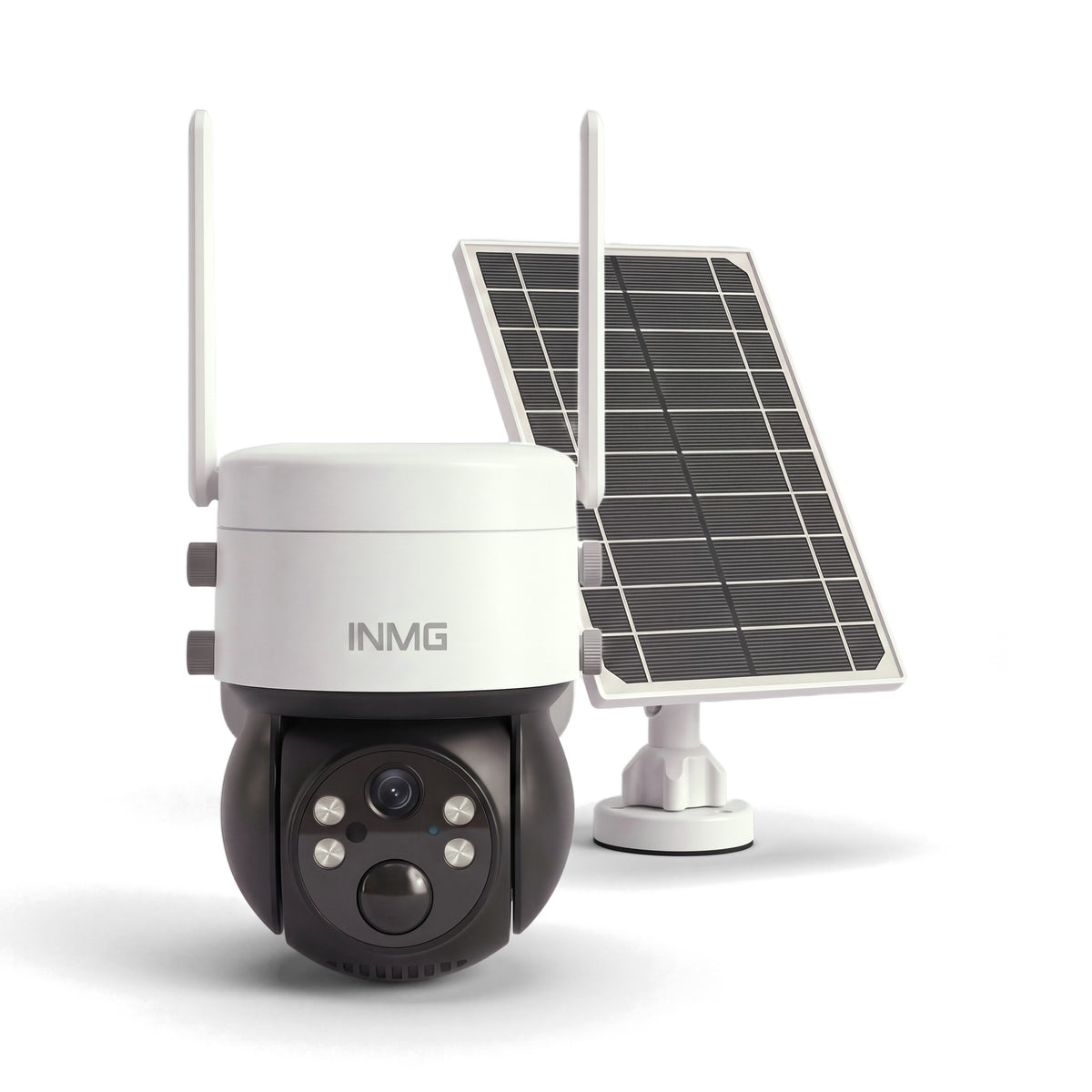 InoCam Pro 4G caméra solaire 4G sans fil vue de face avec son panneau solaire, fond blanc