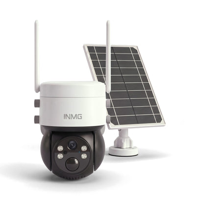 InoCam Pro 4G caméra solaire 4G sans fil vue de face avec son panneau solaire, fond blanc